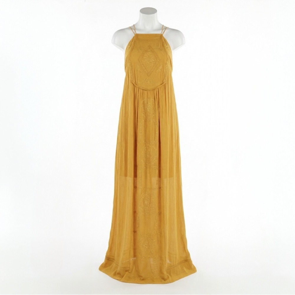 C&C California Mustard Yellow Embroidered Gauze Halter Maxi Dress Boho Summer XS